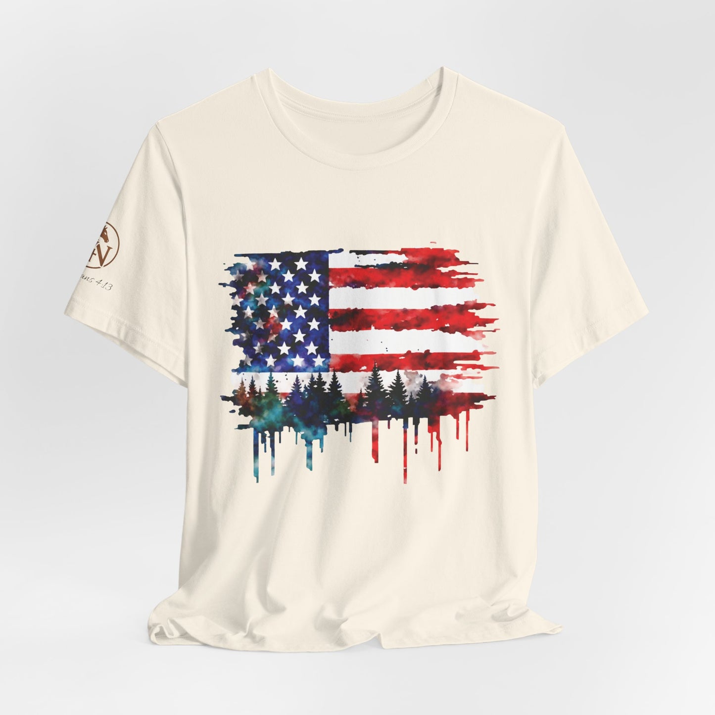 Watercolor American Flag Shirt | Patriotic Forest Tee | USA Flag with Trees | Rustic Nature Patriotic Shirt | Veteran Pride Apparel