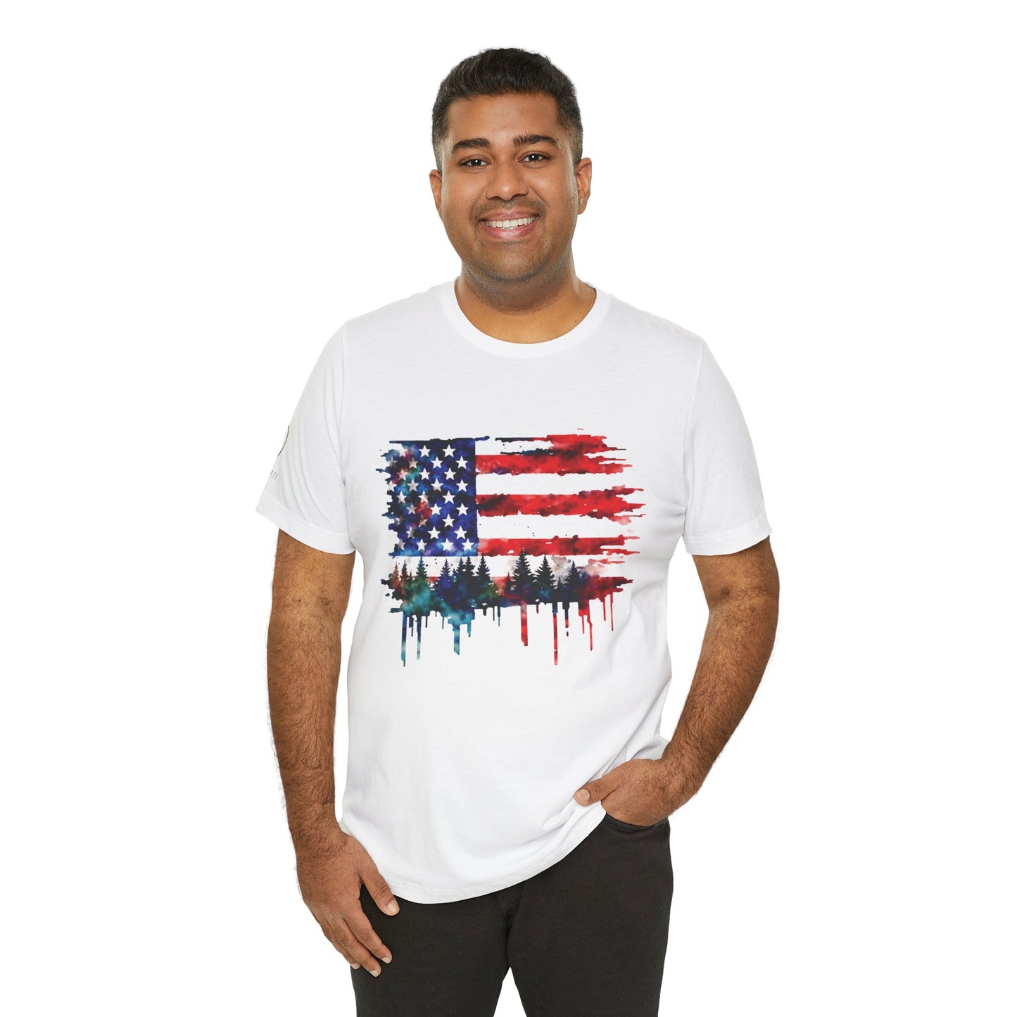 Watercolor American Flag Shirt | Patriotic Forest Tee | USA Flag with Trees | Rustic Nature Patriotic Shirt | Veteran Pride Apparel