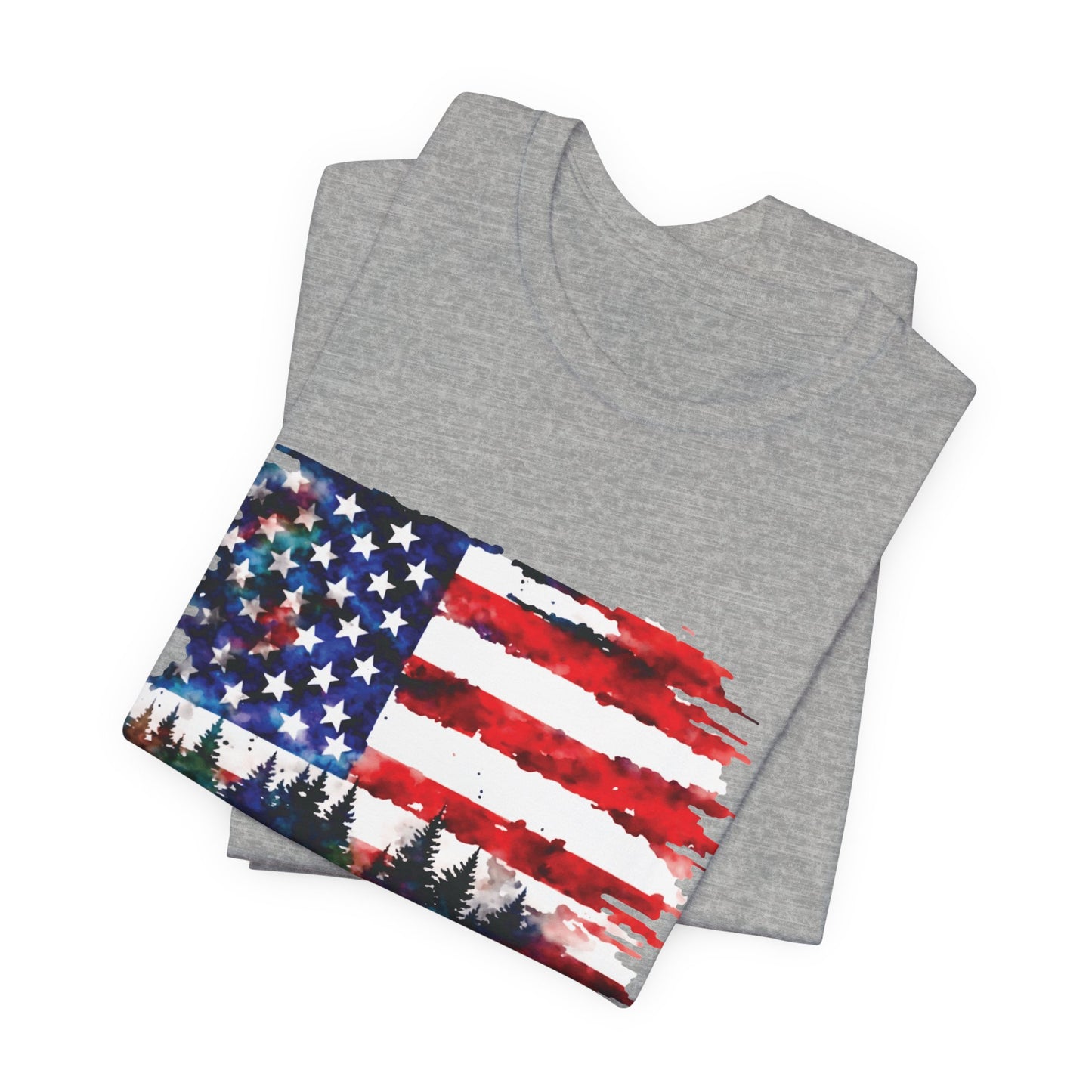 Watercolor American Flag Shirt | Patriotic Forest Tee | USA Flag with Trees | Rustic Nature Patriotic Shirt | Veteran Pride Apparel