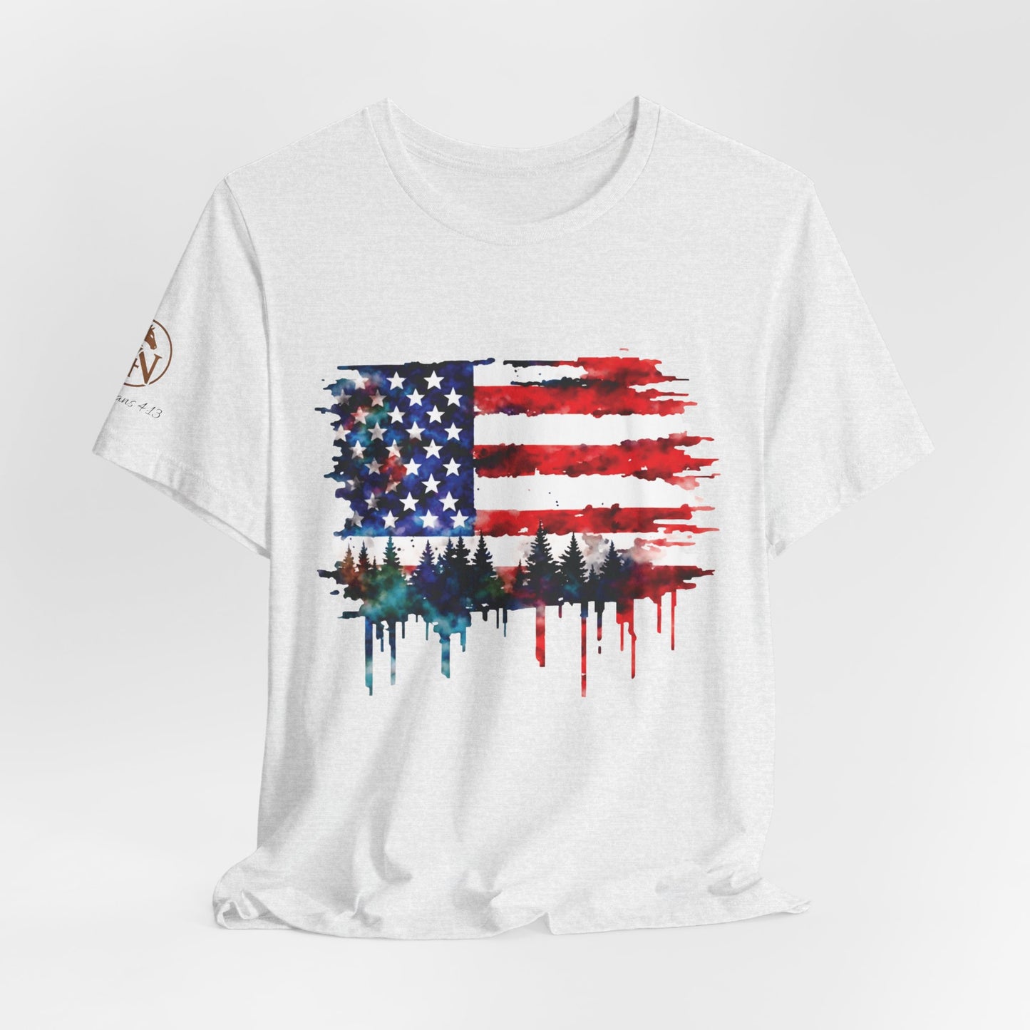 Watercolor American Flag Shirt | Patriotic Forest Tee | USA Flag with Trees | Rustic Nature Patriotic Shirt | Veteran Pride Apparel