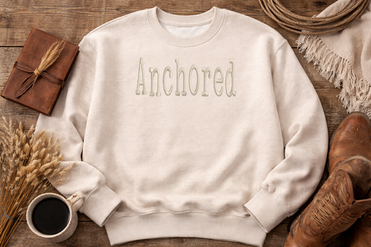 Anchored Embroidered Sweatshirt | Minimalist Monochrome Crewneck | Cute Typewriter Font | Cozy Women’s Pullover | Faith Inspired Gift